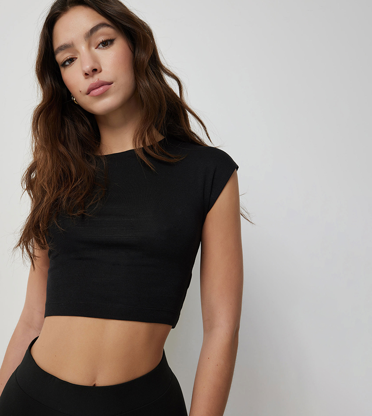 Solid Cap Sleeves Cropped T-Shirt