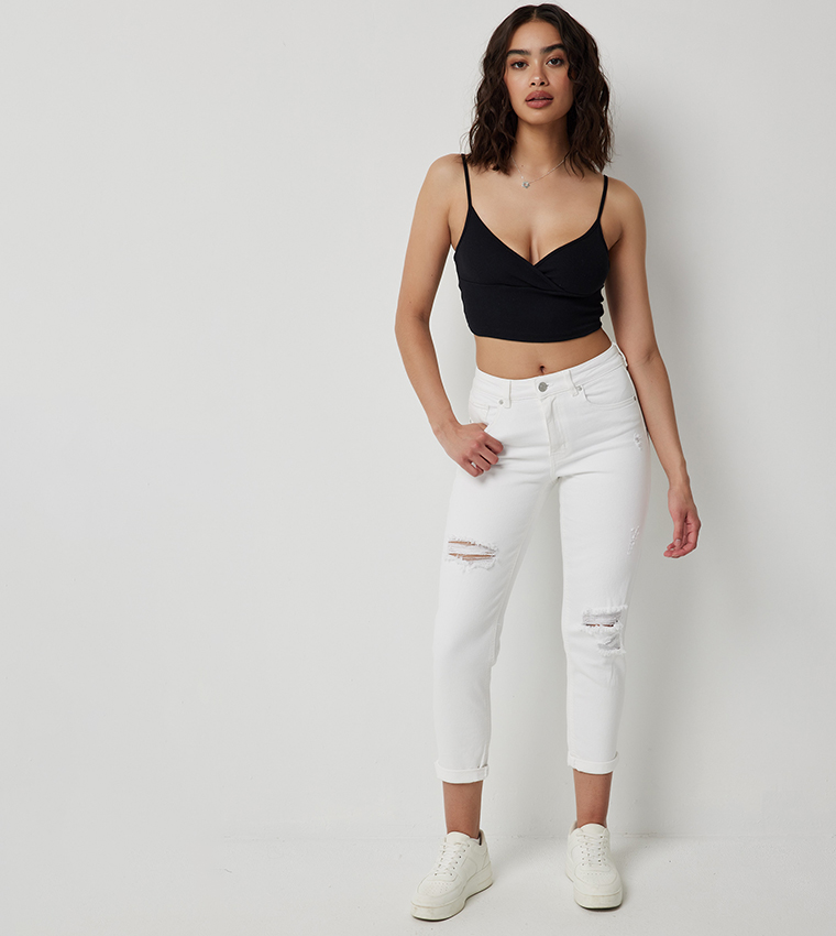 Solid High Rise Mom Fit Jeans