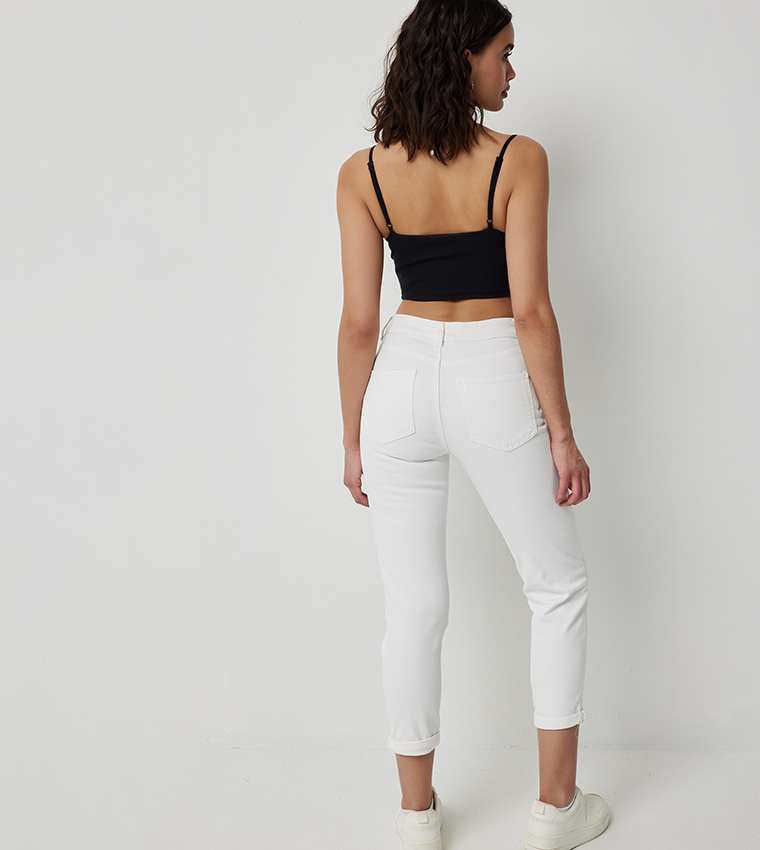 Solid High Rise Mom Fit Jeans
