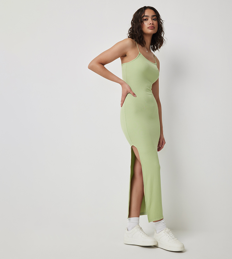Buy Ardene Ribbed Strappy Midaxi Dress With Slit In Light Green | 6thStreet  UAE