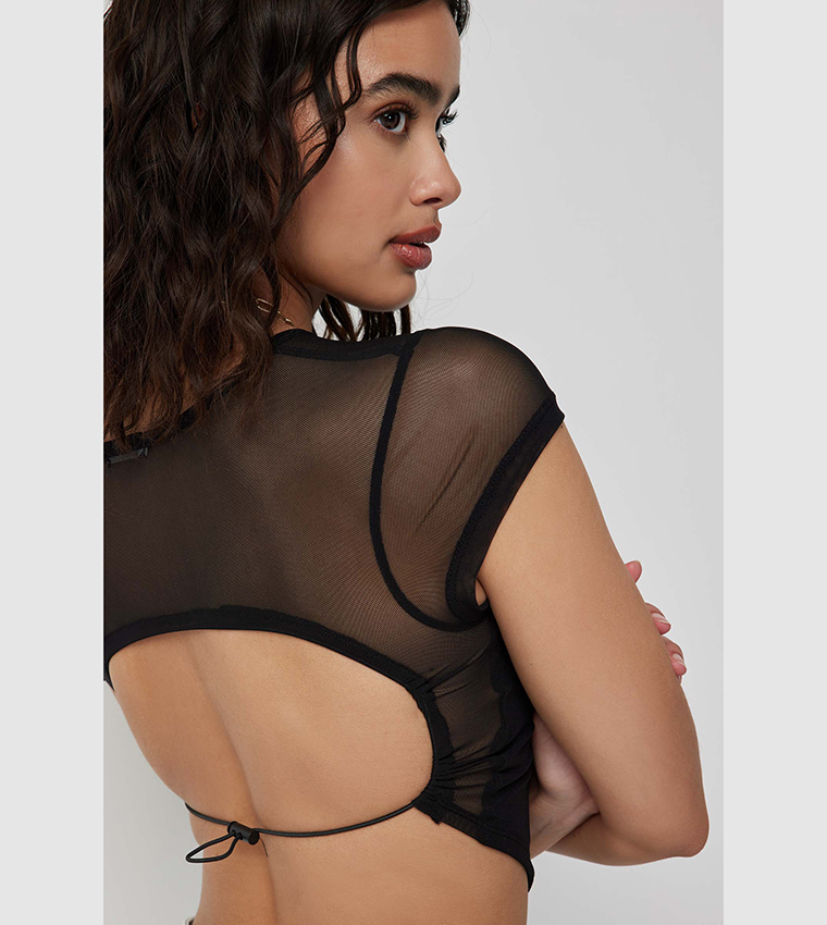 Open Back Mesh Detail Crop Top