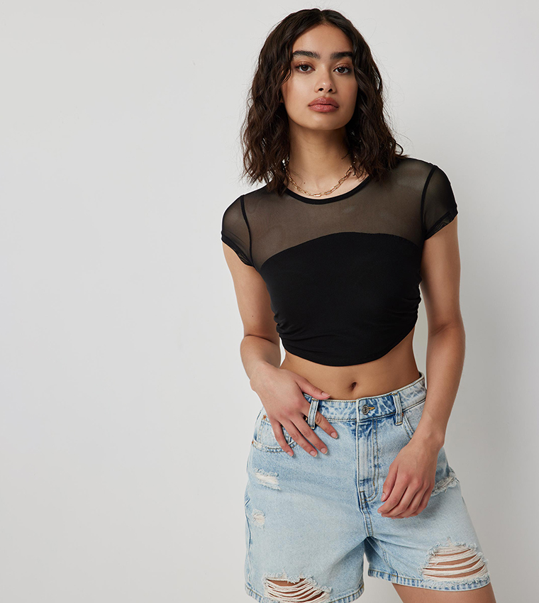 Open Back Mesh Detail Crop Top
