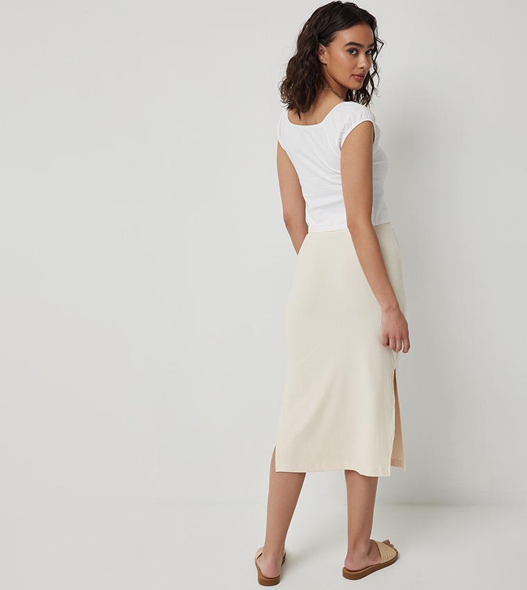 Ribbed Midi Skirt with Slit