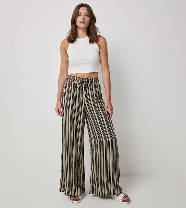 Striped Drawstring Waist Wide Leg Pants