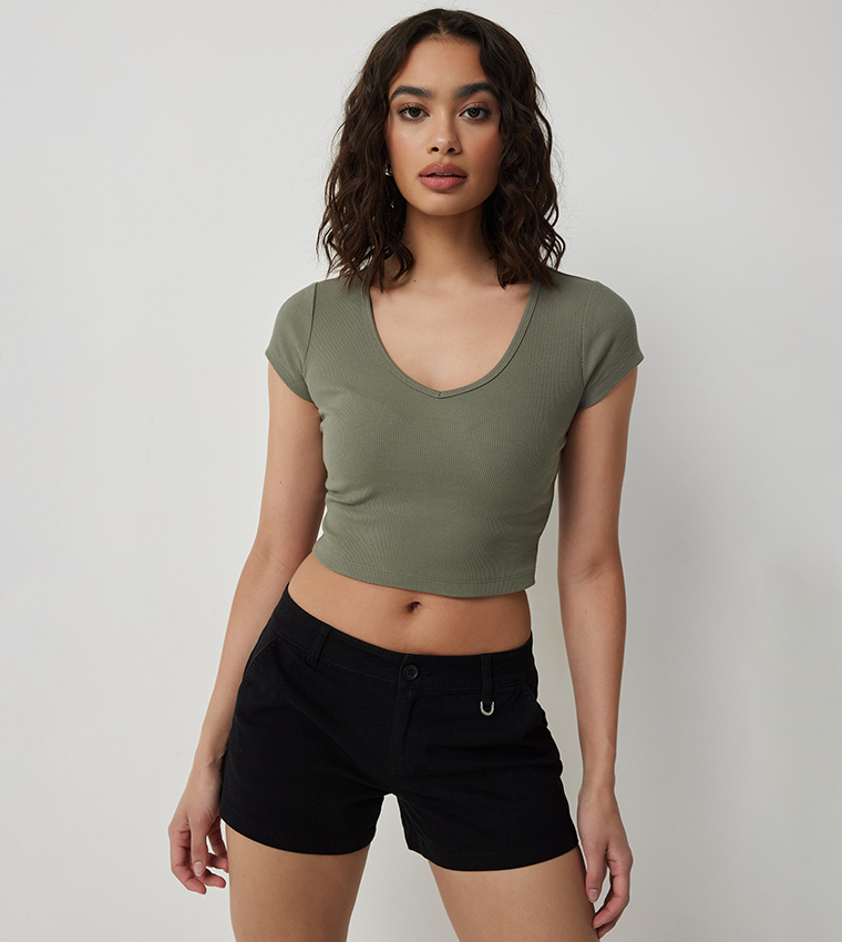 Ribbed V-Neck Short Sleeves Top