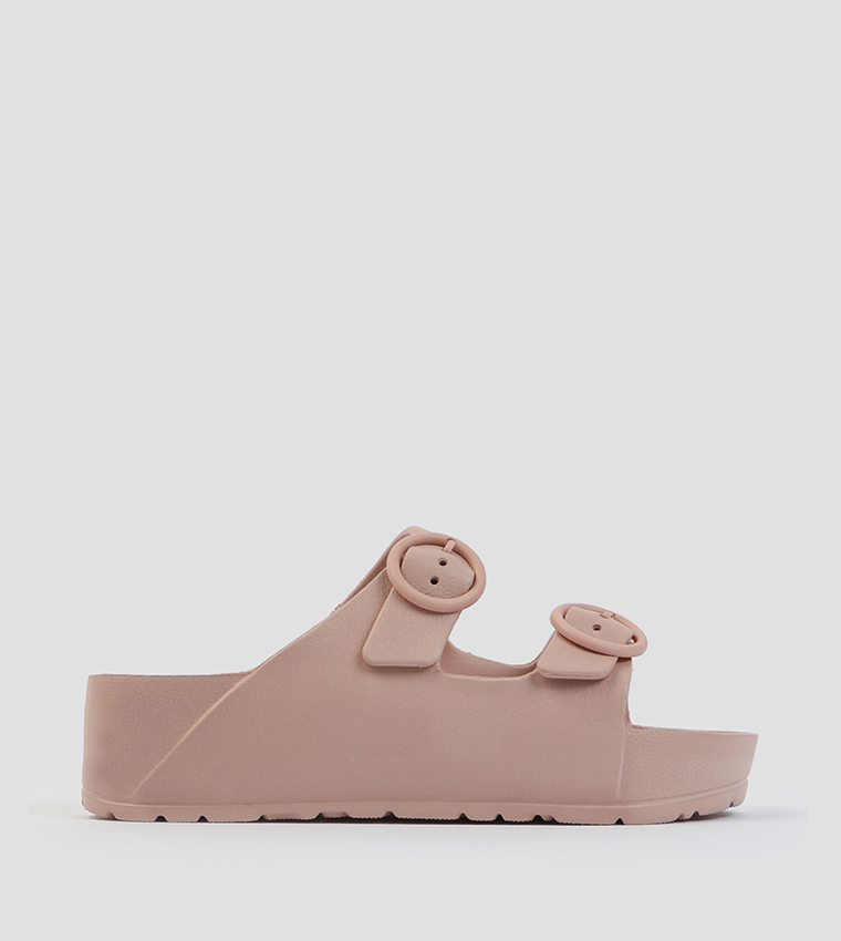 Double Buckle Straps Platform Slides