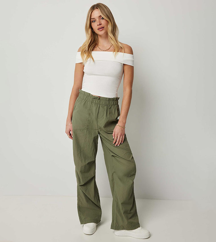 Crinkled Paperbag Waist Parachute Pants