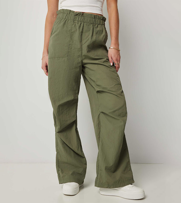 Crinkled Paperbag Waist Parachute Pants