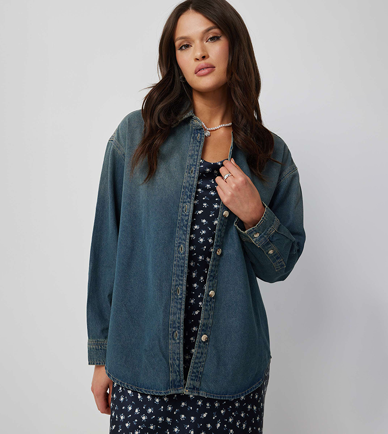 Buy Ardene Washed Long Sleeves Denim Shacket In Dark Blue