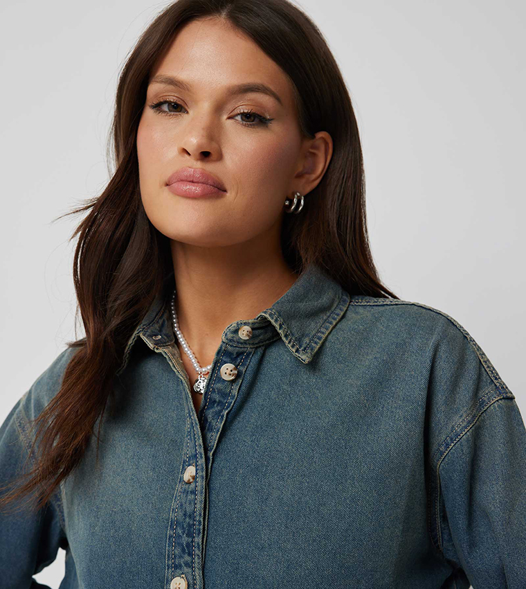 Buy Ardene Washed Long Sleeves Denim Shacket In Dark Blue