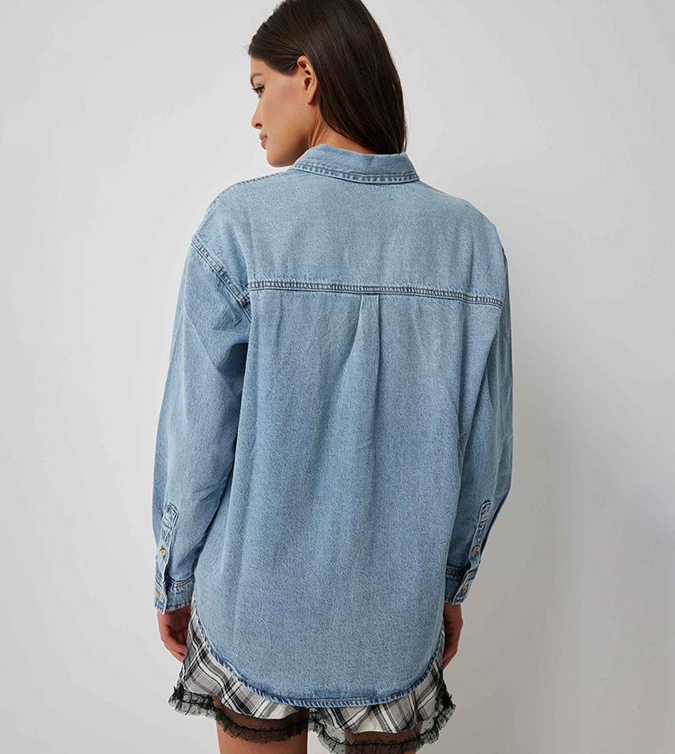 Buy Ardene Washed Long Sleeves Denim Shacket In Light Blue