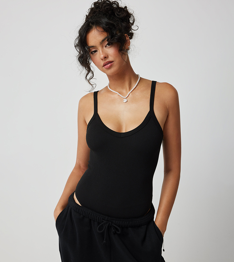Ribbed Strappy Bodysuit Top