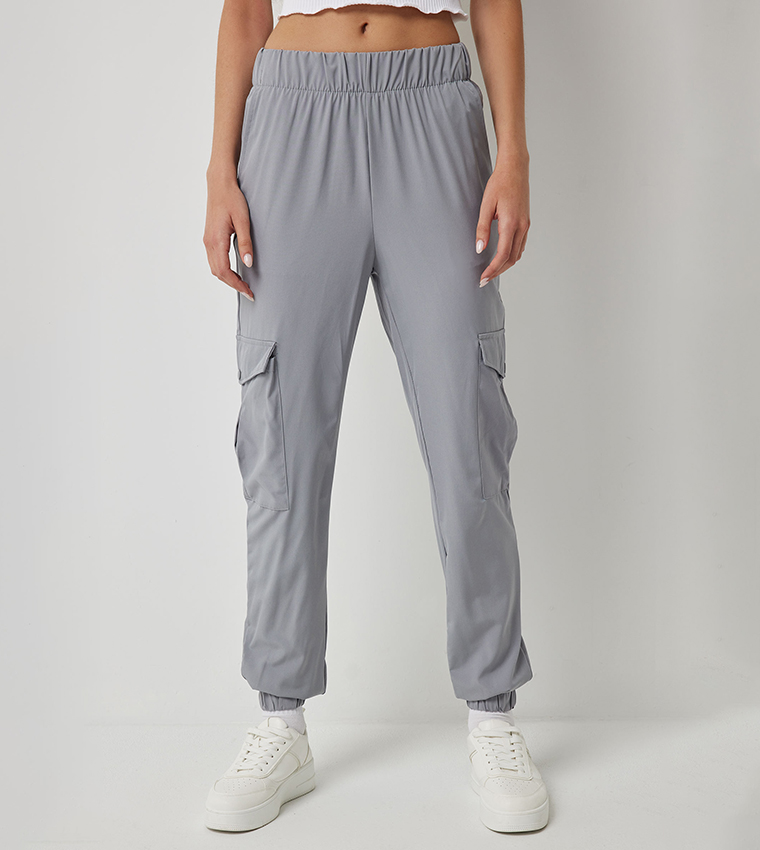 Solid Elastic Waist Cargo Joggers