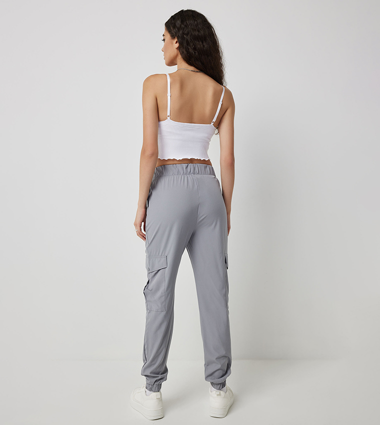 Solid Elastic Waist Cargo Joggers