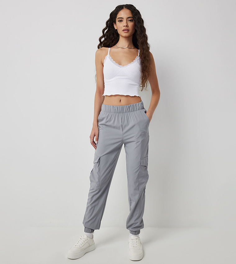 Solid Elastic Waist Cargo Joggers