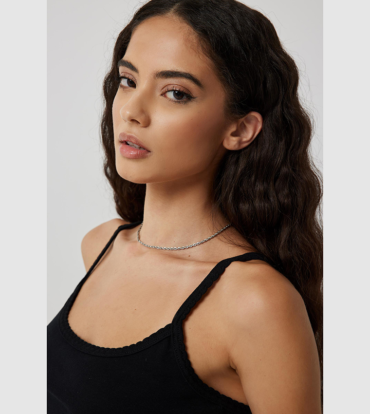 Ribbed Picot Trim Sleeveless Top