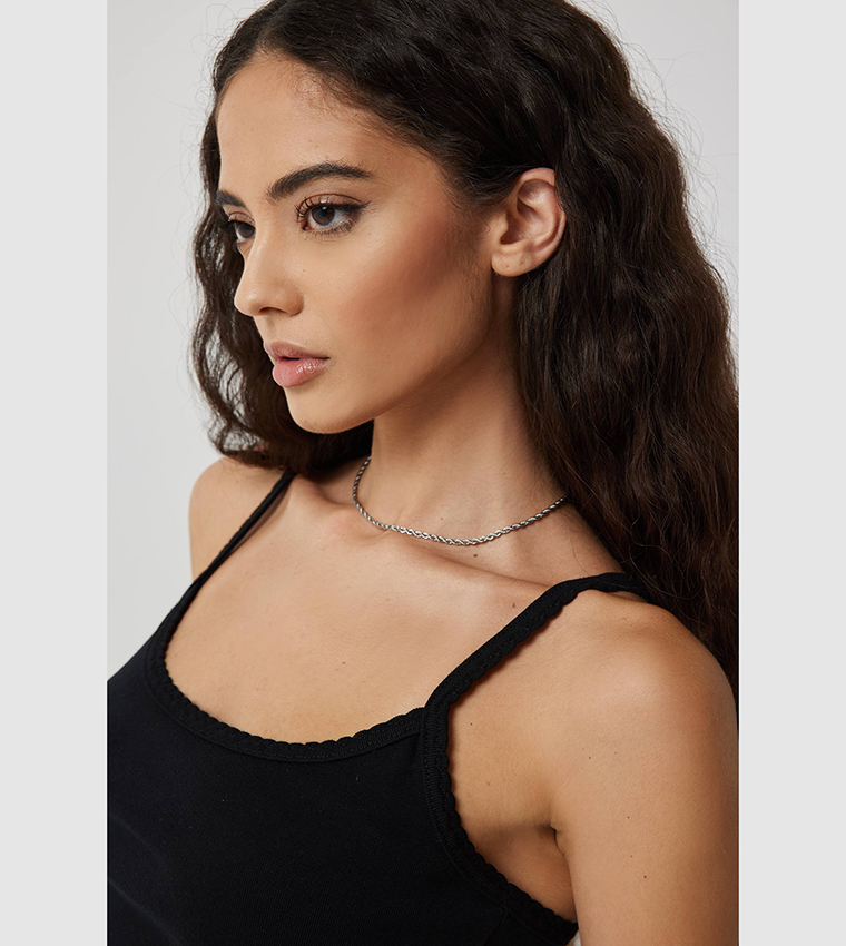 Ribbed Picot Trim Sleeveless Top