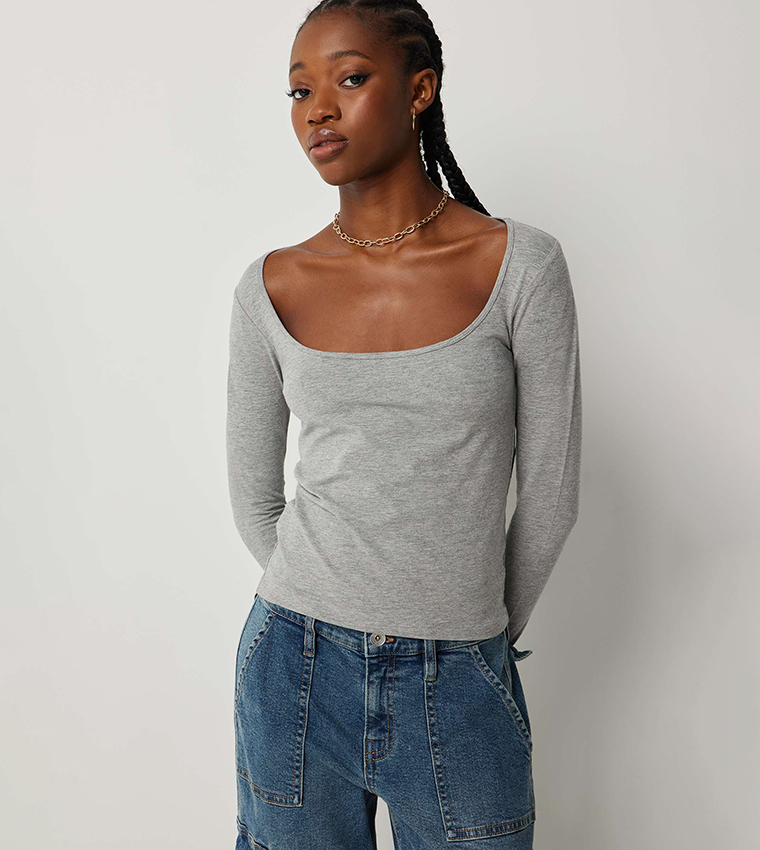Solid Square Neck Cropped T-Shirt