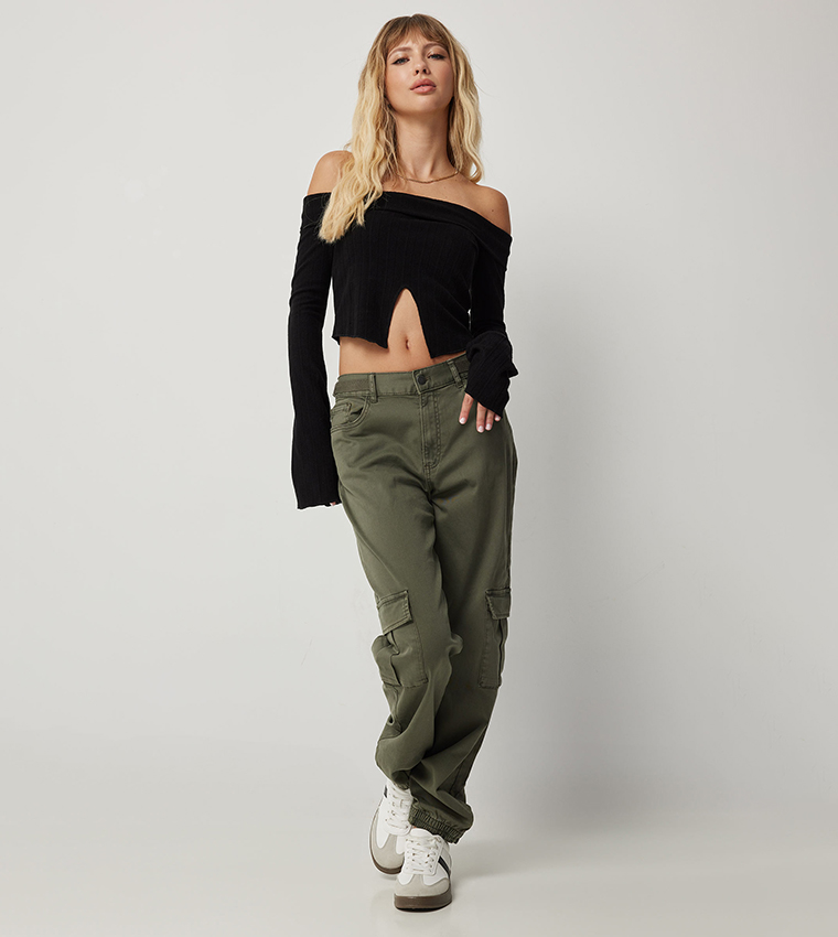 Solid Off Shoulder Crop Top with Slit