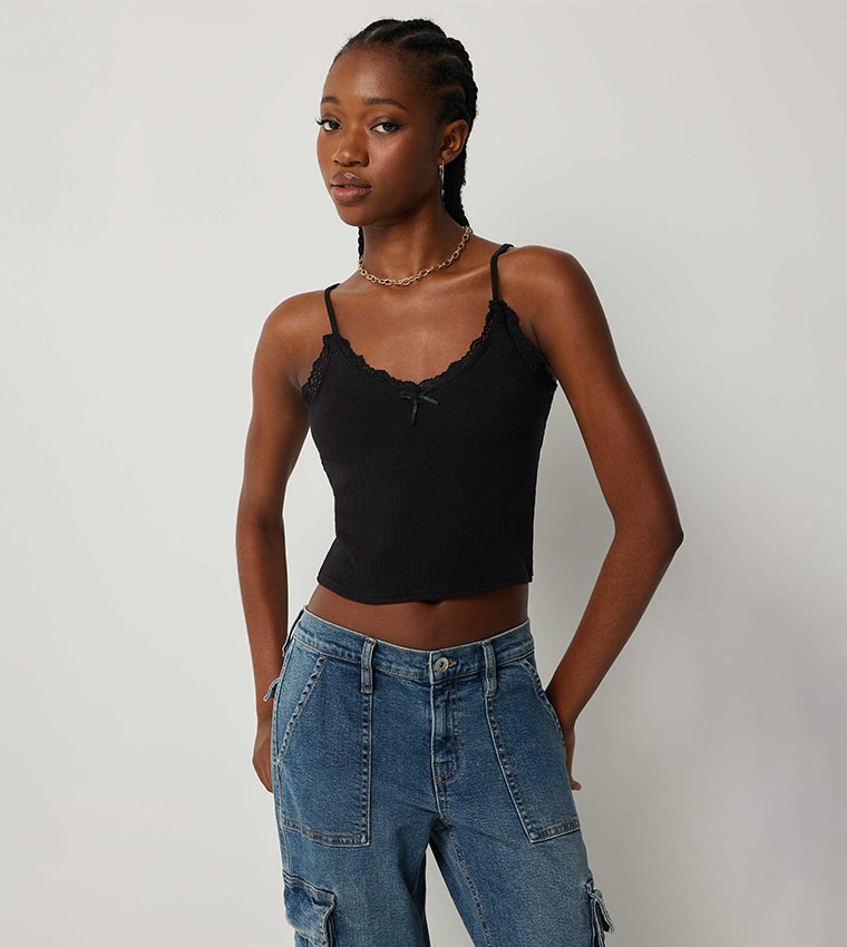 Textured Lace Trim Cami Top