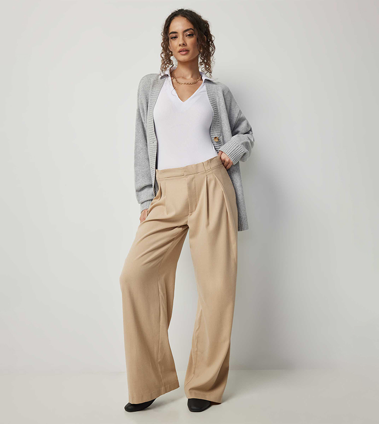 Solid Pleated Wide Leg Trousers