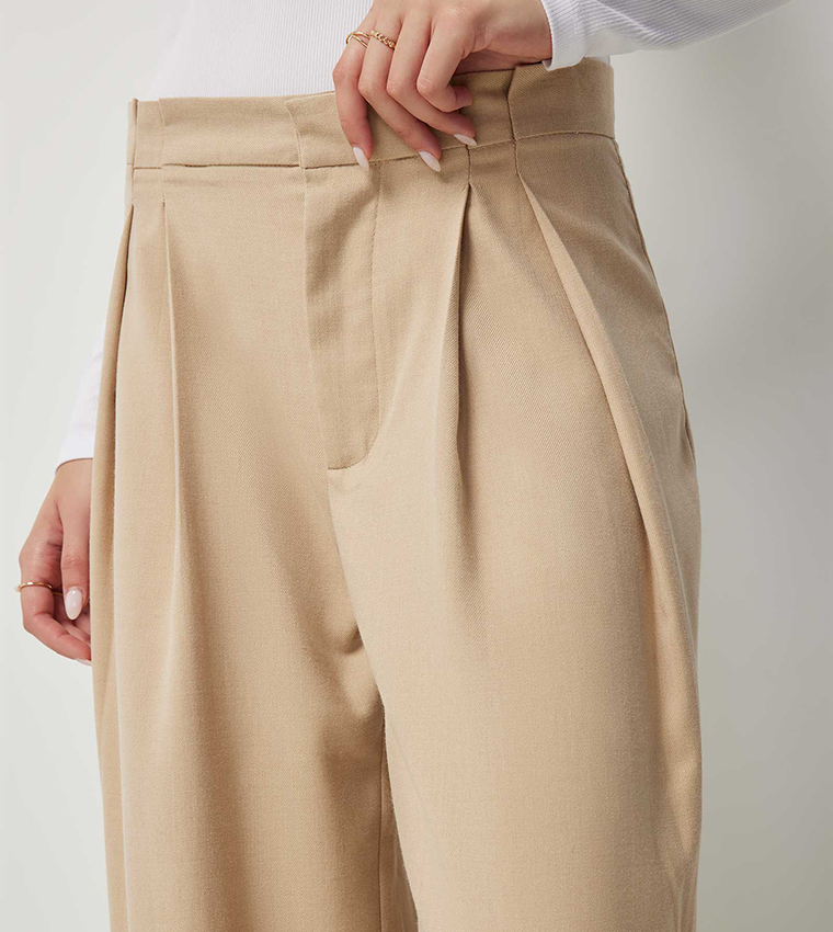 Solid Pleated Wide Leg Trousers