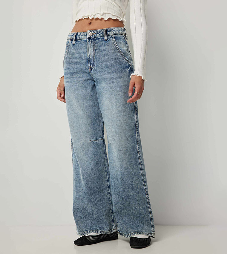Faded Mid Rise Wide Leg Jeans