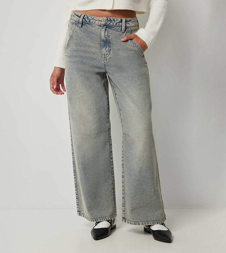 Faded Mid Rise Wide Leg Jeans