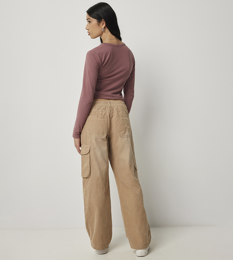 Mid Rise Wide Leg Corduroy Cargo Pants