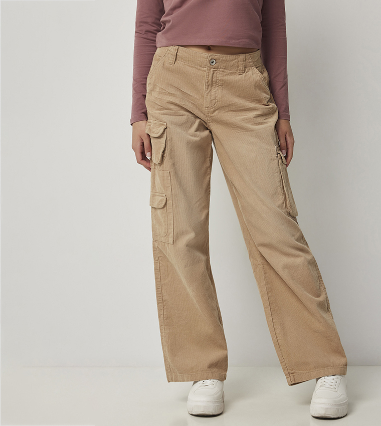 Mid Rise Wide Leg Corduroy Cargo Pants