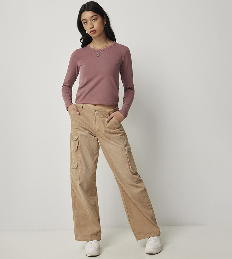 Mid Rise Wide Leg Corduroy Cargo Pants