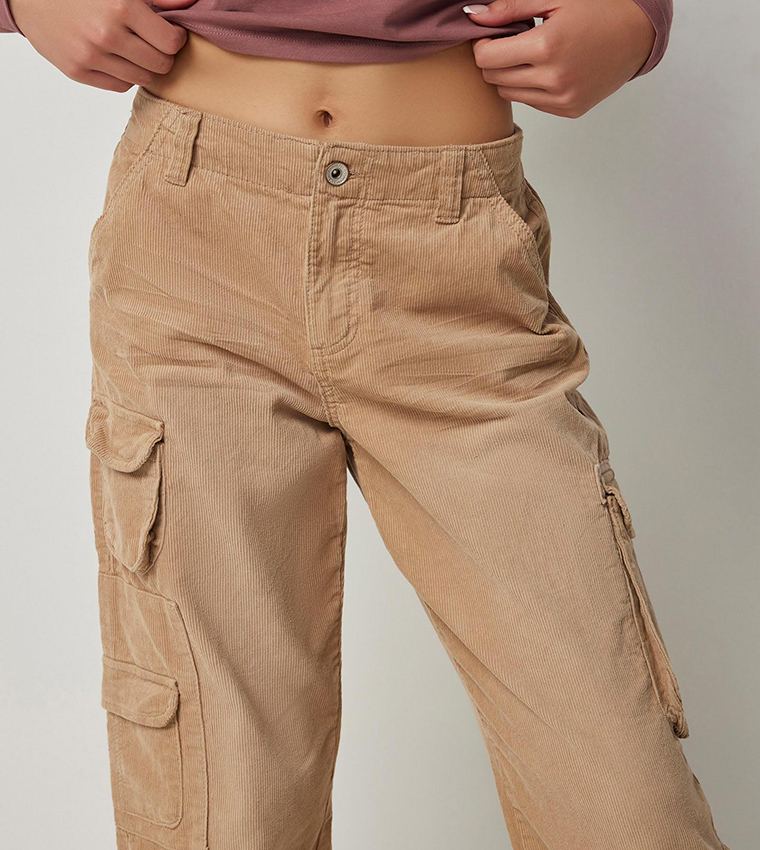Mid Rise Wide Leg Corduroy Cargo Pants