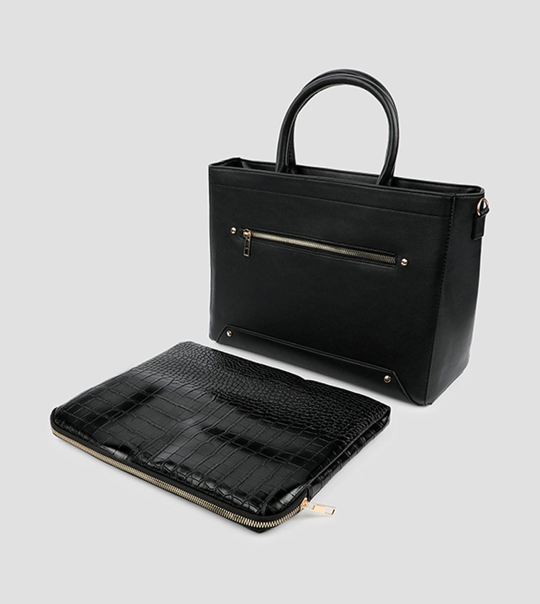 Faux Leather Tote Bag with Laptop Sleeve