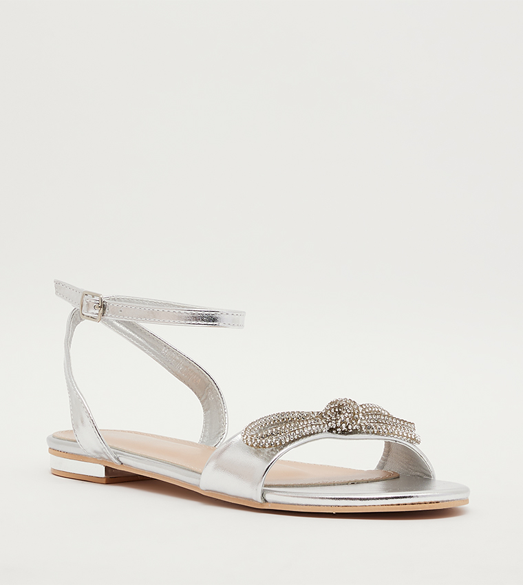 Silver flat sandals hotsell with ankle strap