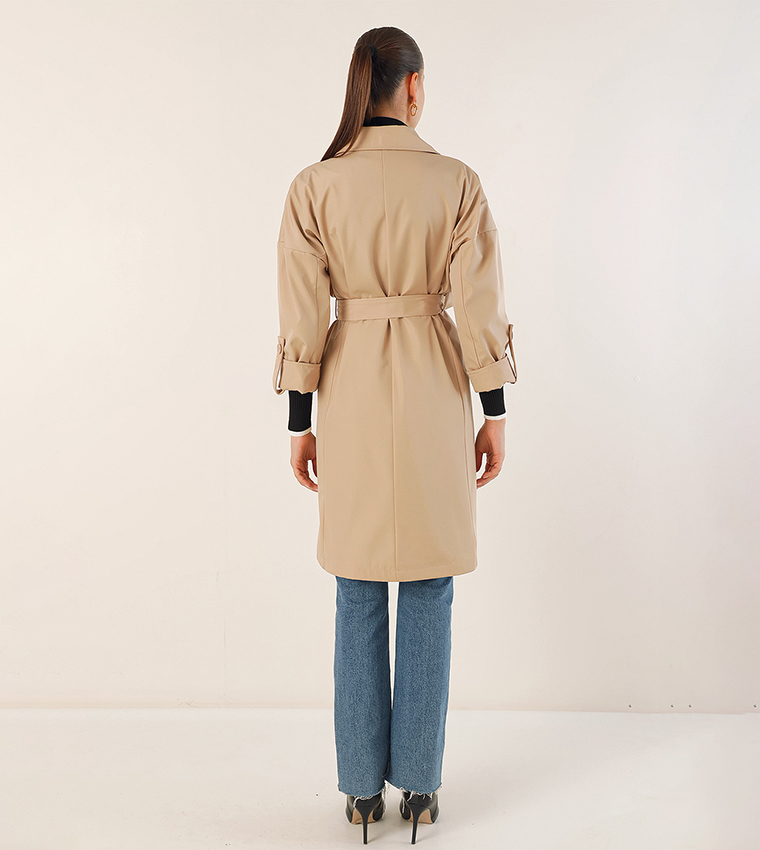 Double-Breasted Lined Leather Trench Coat