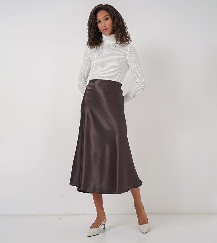 Solid Elastic Waist Satin Midi Skirt