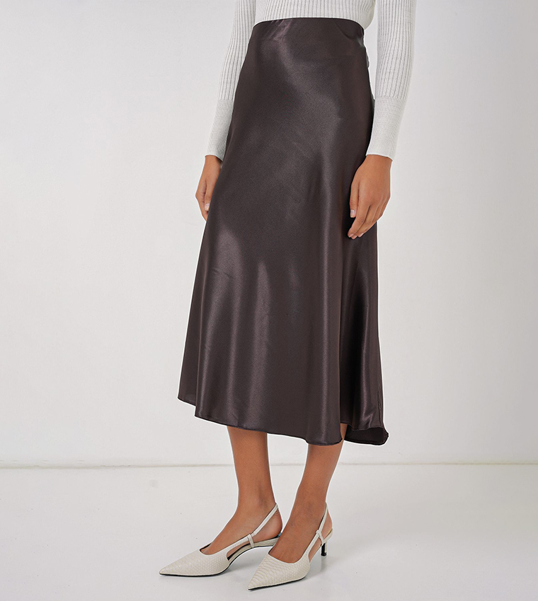 Solid Elastic Waist Satin Midi Skirt
