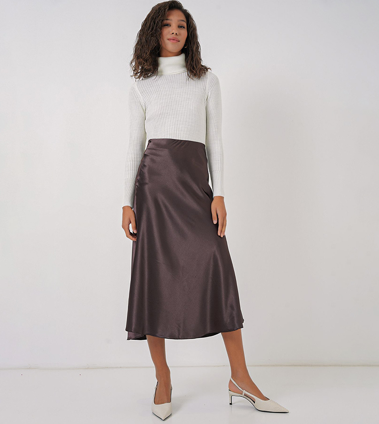Solid Elastic Waist Satin Midi Skirt