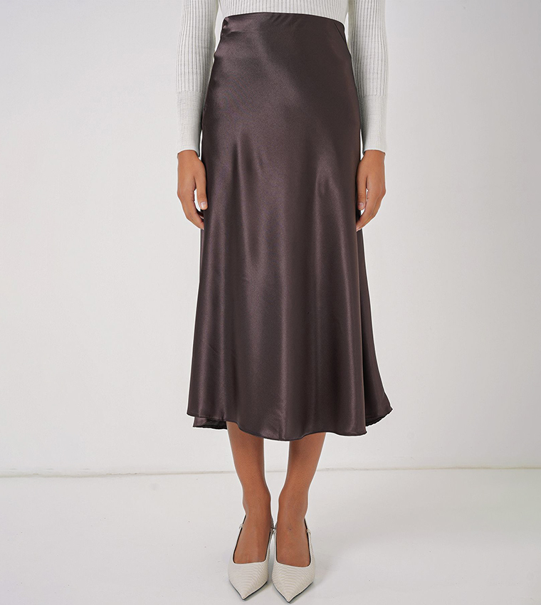 Solid Elastic Waist Satin Midi Skirt