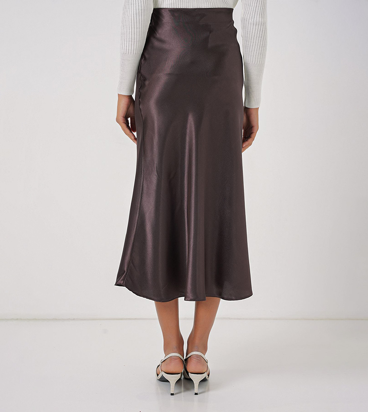 Solid Elastic Waist Satin Midi Skirt
