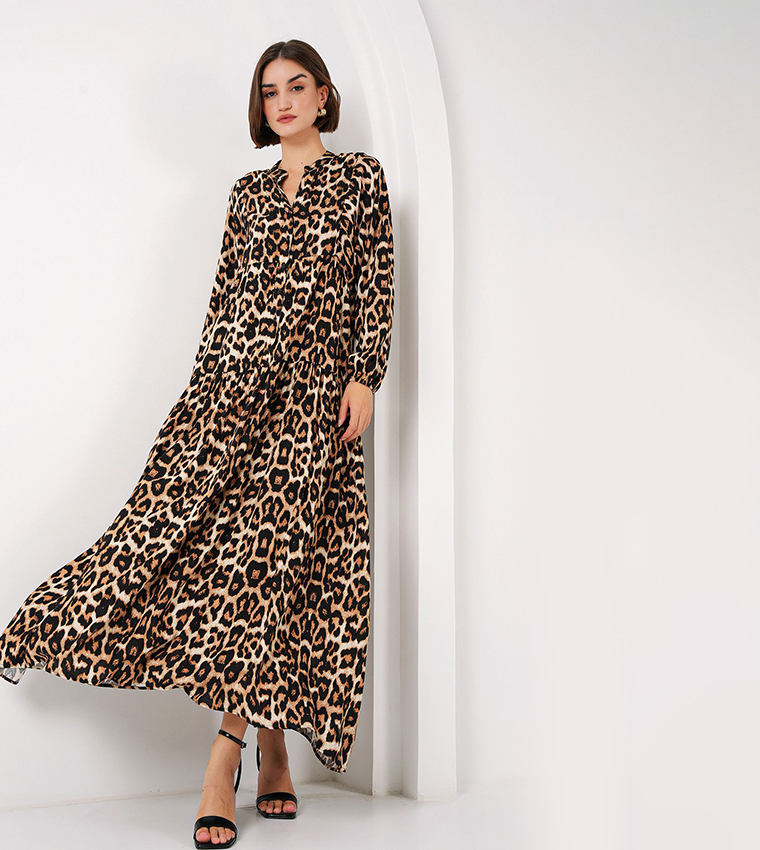 Buy Bigdart Printed Puff Sleeves Maxi Dress In Brown | 6thStreet Qatar
