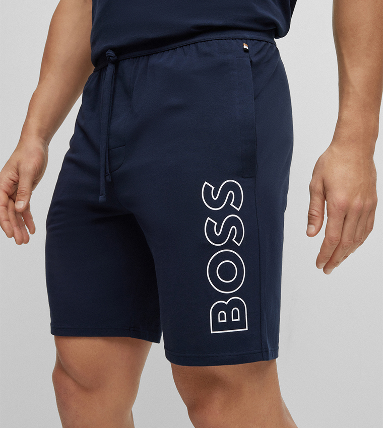 Buy Boss Stretch Cotton Pyjama Shorts With Outline Logo In Navy