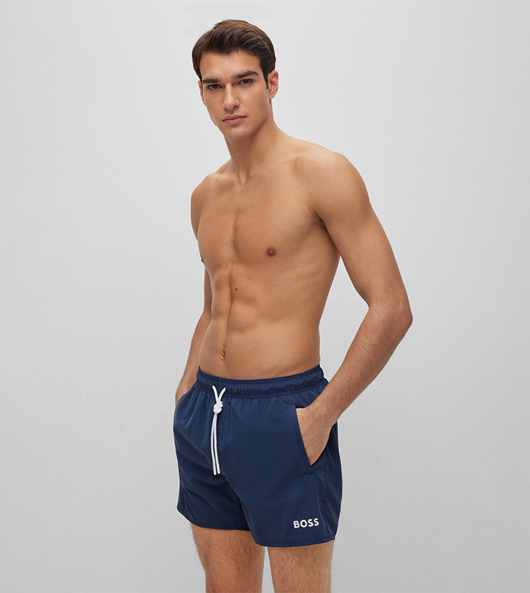 Buy Boss Quick Drying Swim Shorts With Contrast Logo In Navy