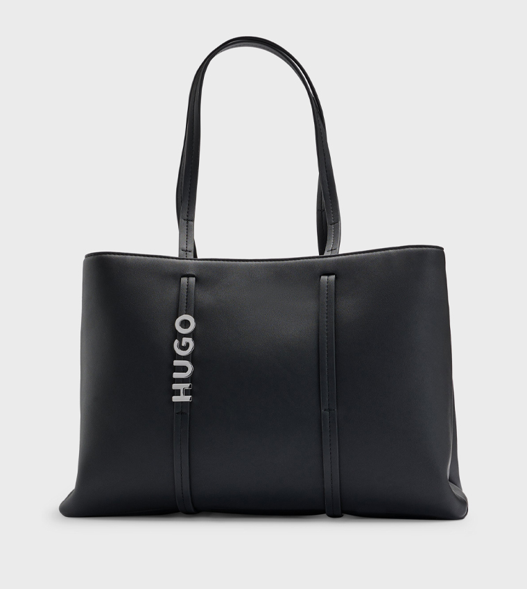 Logo Detail Faux Leather Tote Bag
