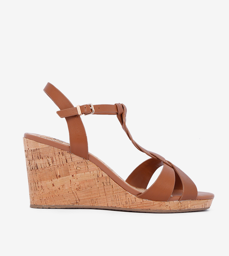 Open-Toe Buckle Closure Wedges - Brown