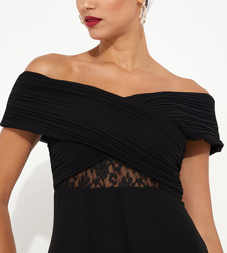 Buy Little Mistress Lace Detail Bardot Maxi Dress In Black | 6thstreet UAE