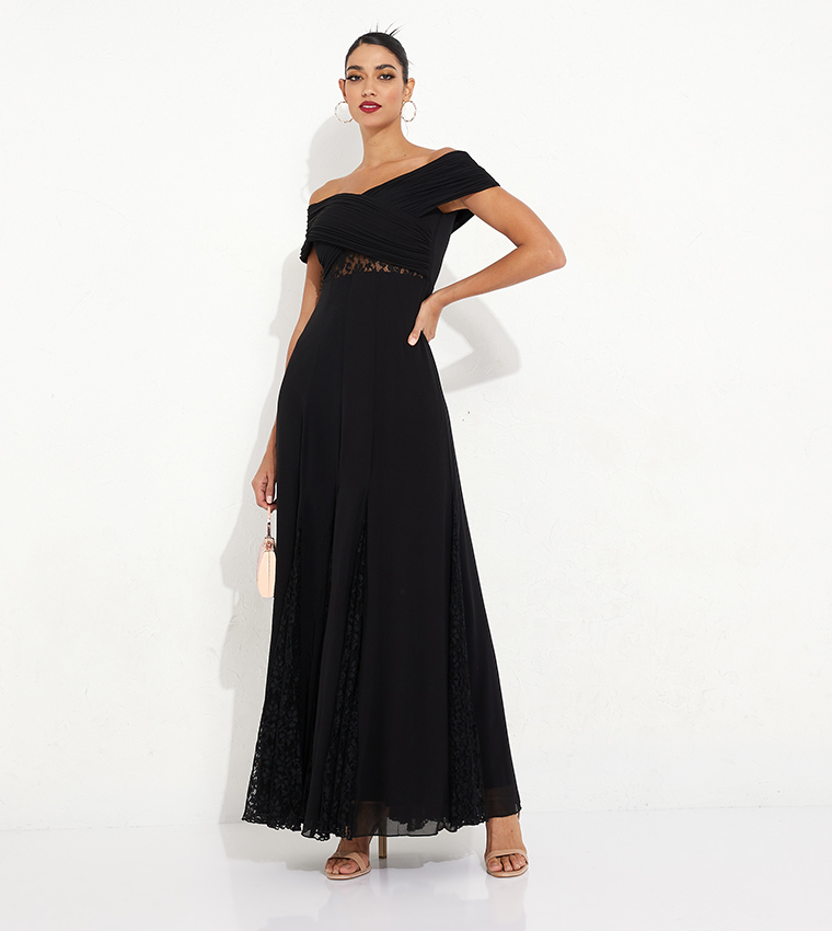 Buy Little Mistress Lace Detail Bardot Maxi Dress In Black | 6thstreet UAE Buy Little Mistress Lace Detail Bardot Maxi Dress In Black | 6thstreet UAE