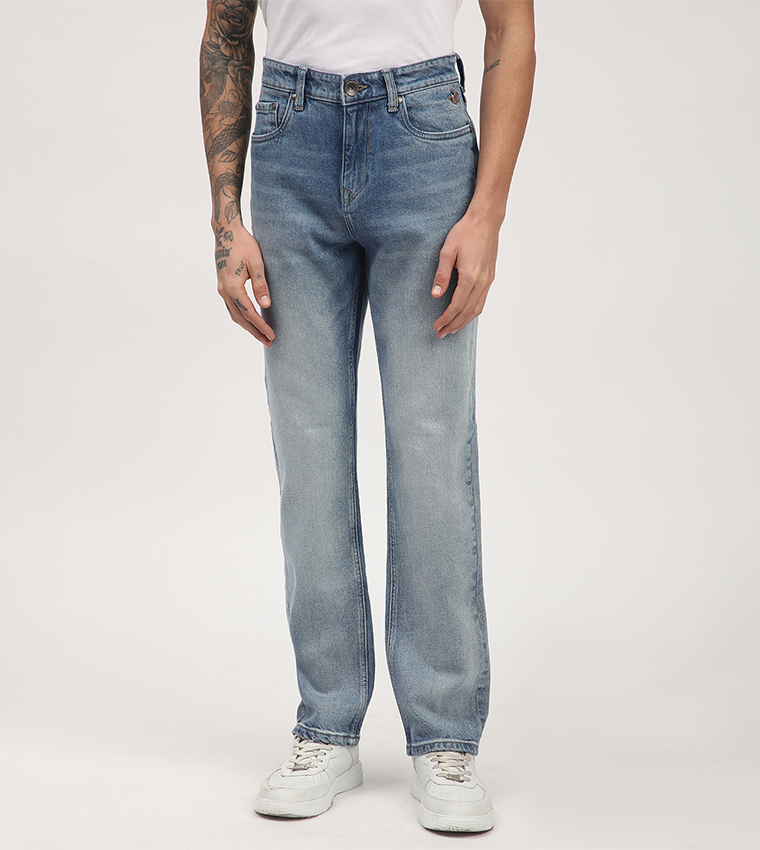 Faded Mid Rise Straight Fit Jeans