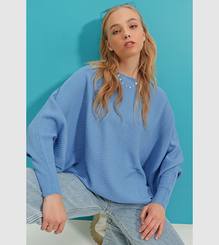 Buy Trend Alaçatı Stili Boat Neck Knitted Sweater In Blue 6thStreet UAE