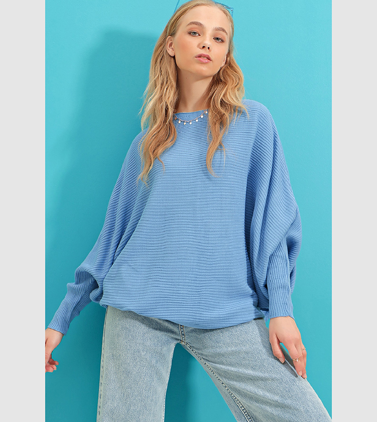 Buy Trend Alaçatı Stili Boat Neck Knitted Sweater In Blue | 6thStreet Qatar